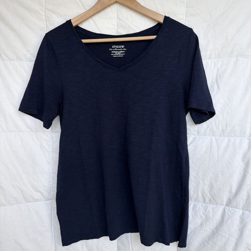 Chico's Shirt Womens Small 0 Navy Ultimate Tee V Neck Short Sleeve Modal Blend